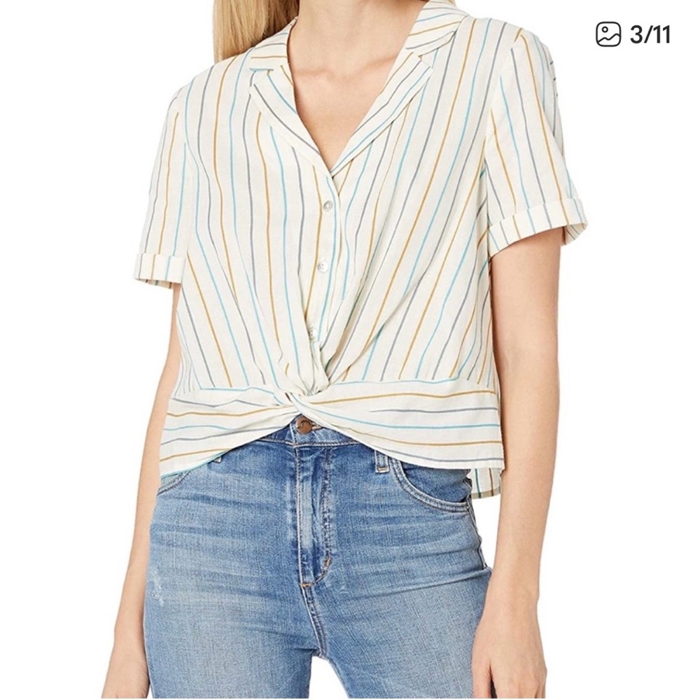 BCBG Striped Button-Down Knot Top
